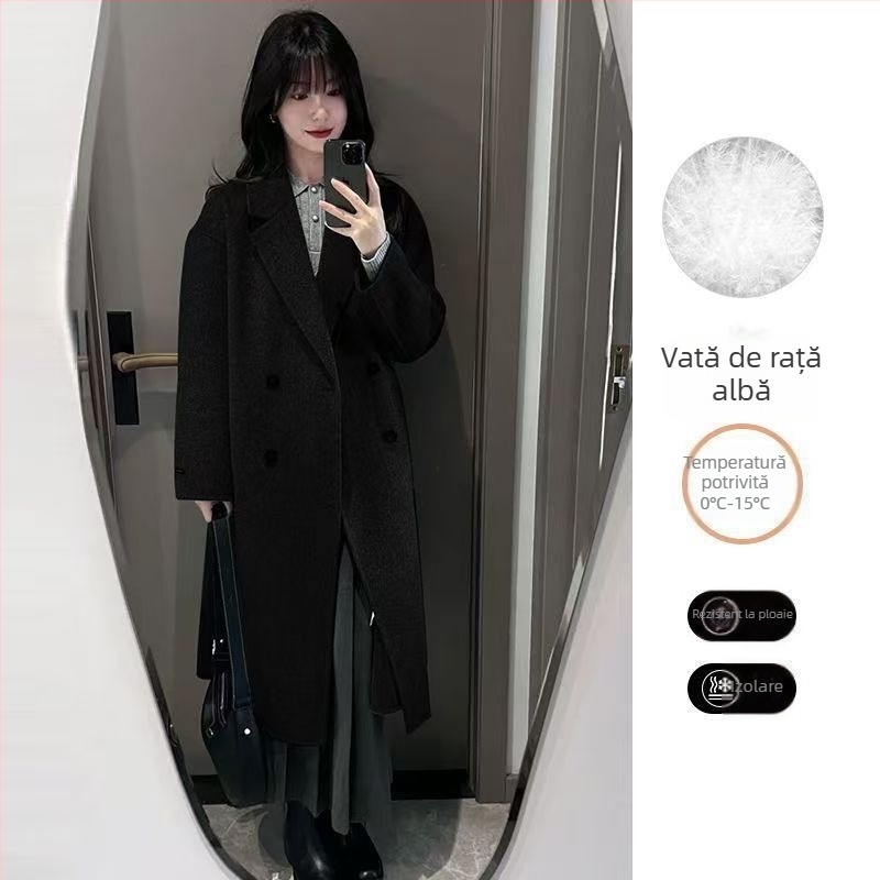 Palton de lână cu căptușeală din puf — (Țesătură chenille; amestec spandex; croială lejeră; mâneci 3/4; guler stil sacou)