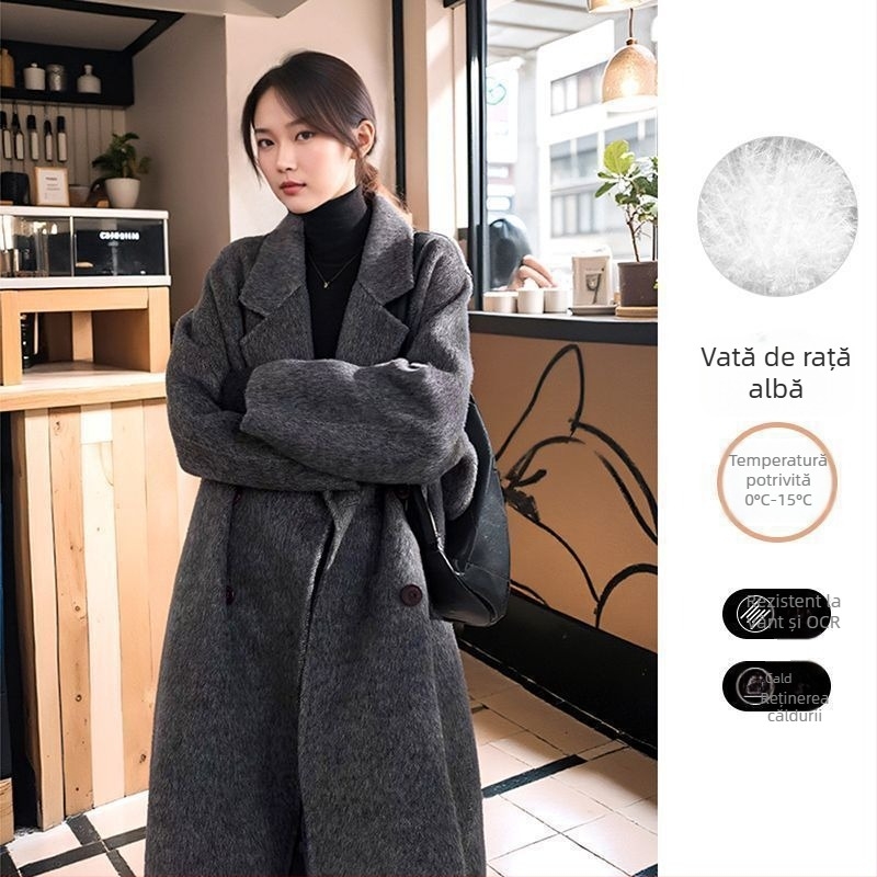 Palton de lână cu căptușeală din puf — (Țesătură chenille; amestec spandex; croială lejeră; mâneci 3/4; guler stil sacou)