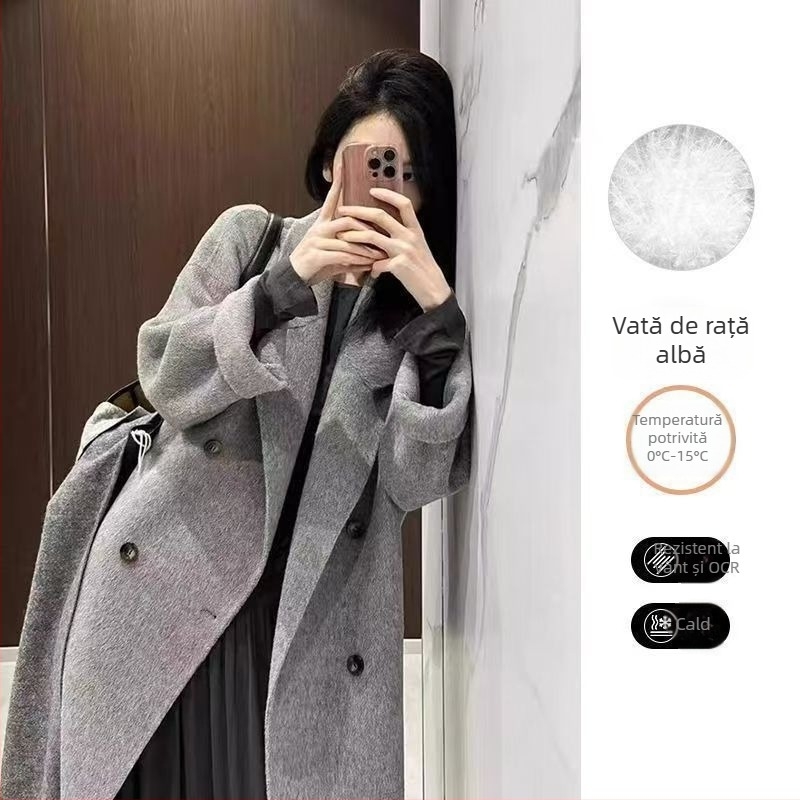 Palton de lână cu căptușeală din puf — (Țesătură chenille; amestec spandex; croială lejeră; mâneci 3/4; guler stil sacou)