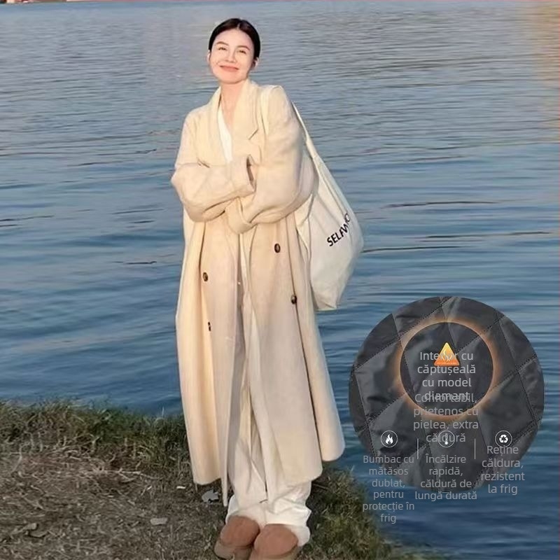 Palton de lână cu căptușeală din puf — (Țesătură chenille; amestec spandex; croială lejeră; mâneci 3/4; guler stil sacou)