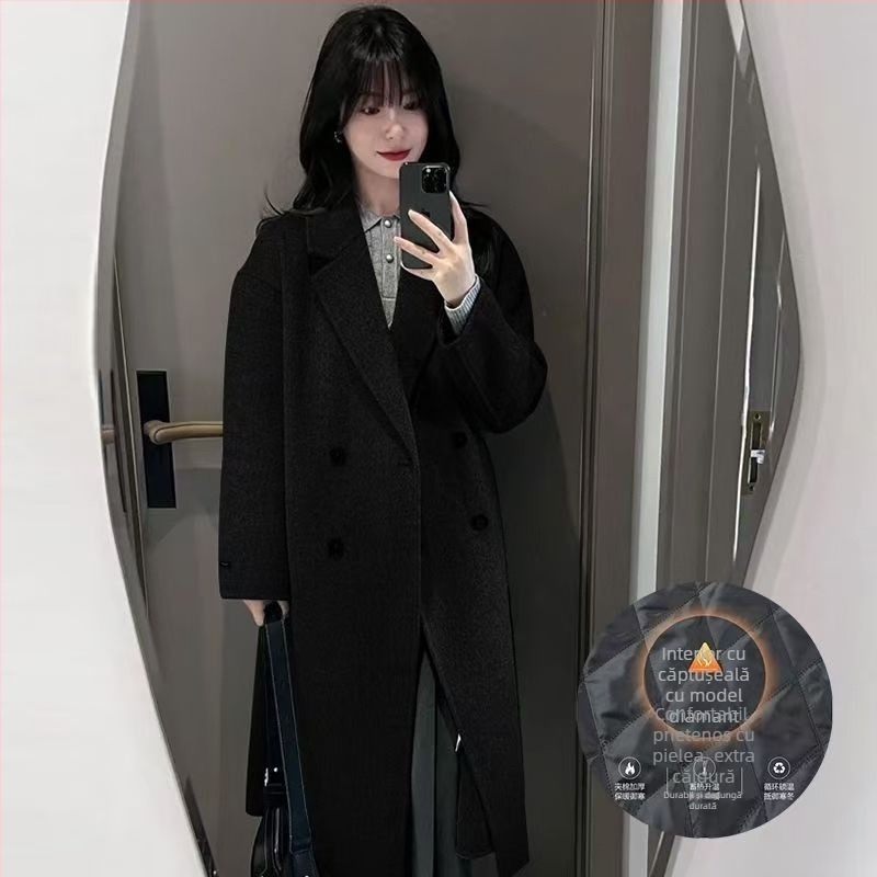 Palton de lână cu căptușeală din puf — (Țesătură chenille; amestec spandex; croială lejeră; mâneci 3/4; guler stil sacou)