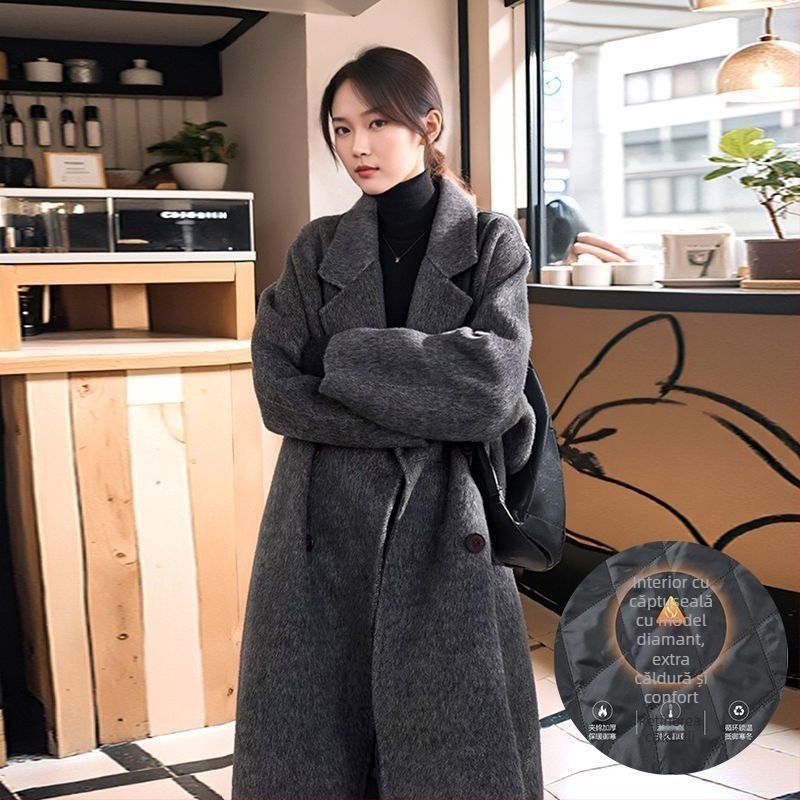 Palton de lână cu căptușeală din puf — (Țesătură chenille; amestec spandex; croială lejeră; mâneci 3/4; guler stil sacou)