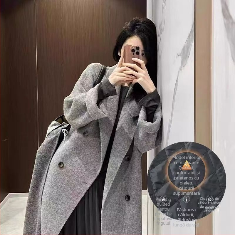 Palton de lână cu căptușeală din puf — (Țesătură chenille; amestec spandex; croială lejeră; mâneci 3/4; guler stil sacou)