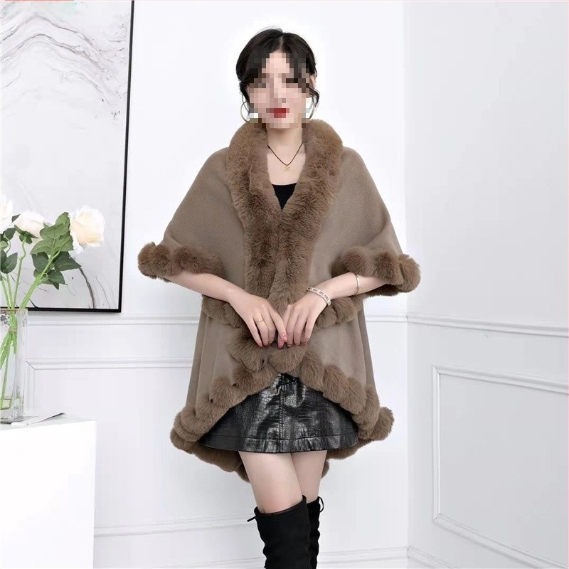 Cardigan pentru femei din blană artificială de vulpe, cu șal, dublu strat, lungime medie, din acril