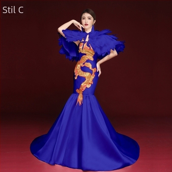 Rochie de seară în stil chinezesc, fără mâneci, decolteu în V profund, broderie, lungă, croială A-line