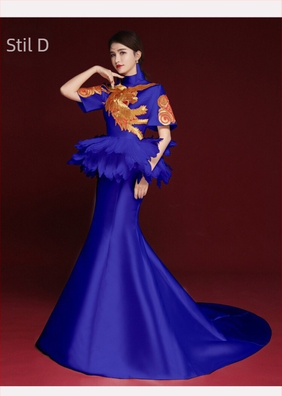 Rochie de seară în stil chinezesc, fără mâneci, decolteu în V profund, broderie, lungă, croială A-line