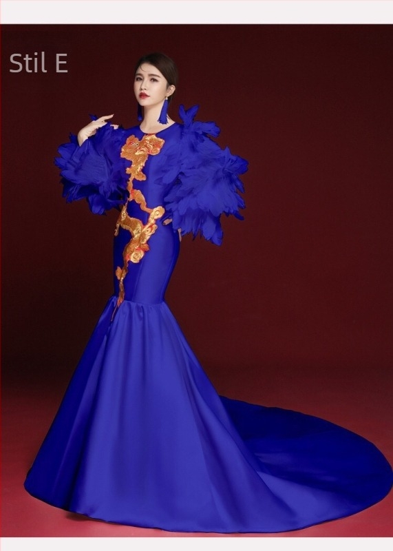 Rochie de seară în stil chinezesc, fără mâneci, decolteu în V profund, broderie, lungă, croială A-line