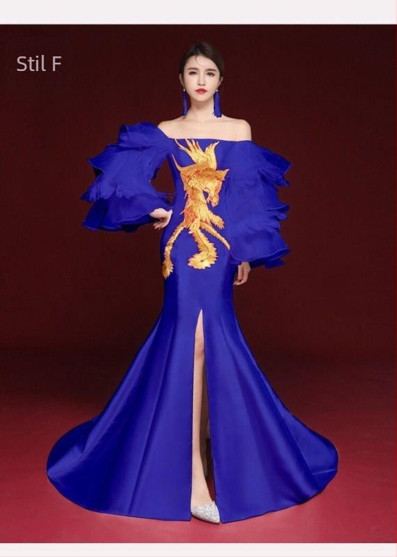 Rochie de seară în stil chinezesc, fără mâneci, decolteu în V profund, broderie, lungă, croială A-line