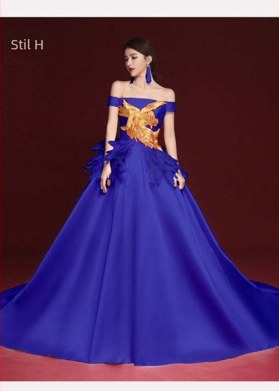 Rochie de seară în stil chinezesc, fără mâneci, decolteu în V profund, broderie, lungă, croială A-line