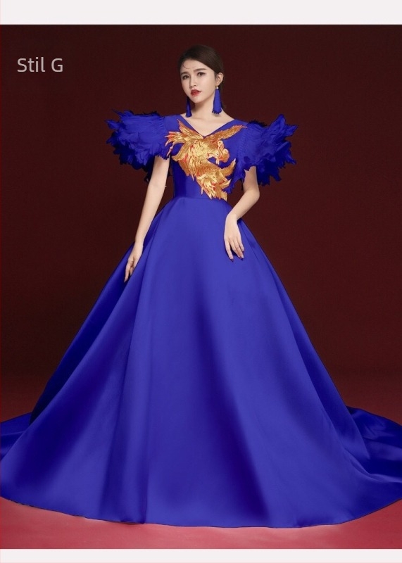 Rochie de seară în stil chinezesc, fără mâneci, decolteu în V profund, broderie, lungă, croială A-line