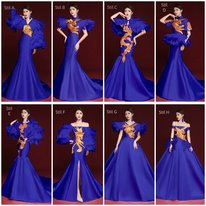 Rochie de seară în stil chinezesc, fără mâneci, decolteu în V profund, broderie, lungă, croială A-line