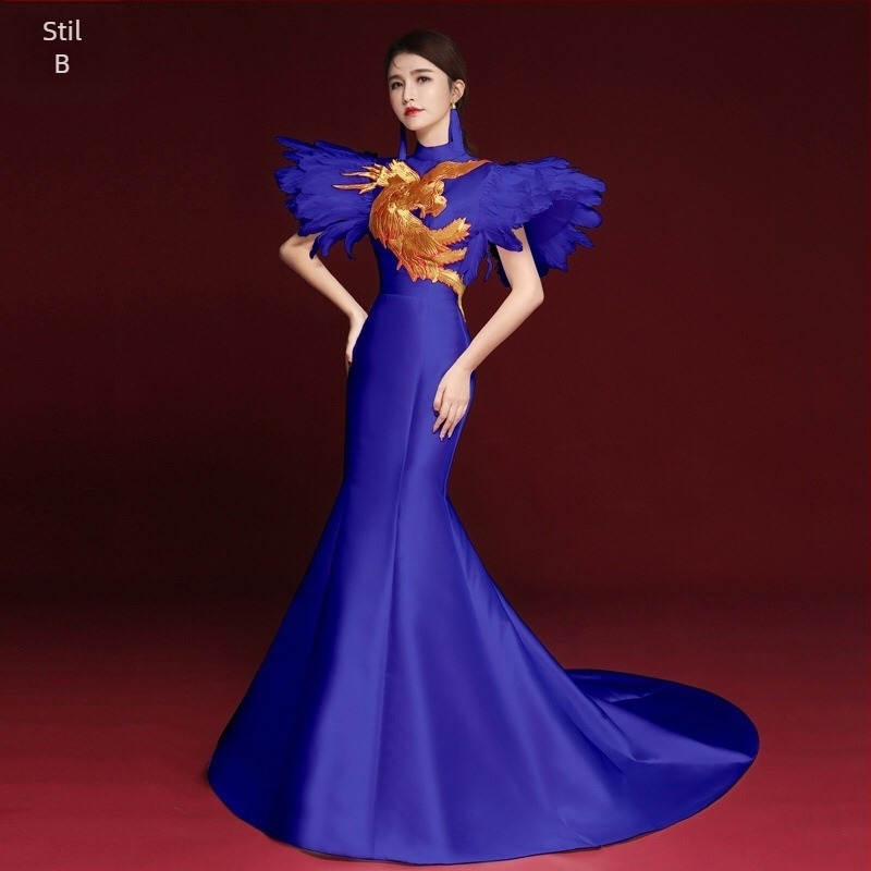 Rochie de seară în stil chinezesc, fără mâneci, decolteu în V profund, broderie, lungă, croială A-line