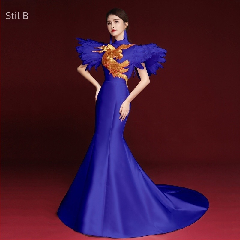 Rochie de seară în stil chinezesc, fără mâneci, decolteu în V profund, broderie, lungă, croială A-line