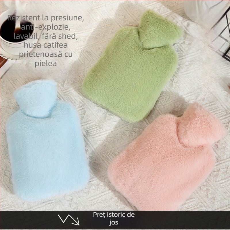 Borcă de apă încălzită cu apă, husă pluș imitând iepure, liner PVC întărit, încălzire prin umplere cu apă, utilizare caldă și rece