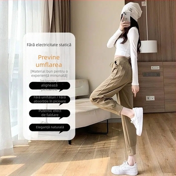 Pantaloni jogger pentru femei, talie înaltă, căptușiți cu polar, țesătură de poliester, croială skinny, pantaloni casual, design inspirat de harém