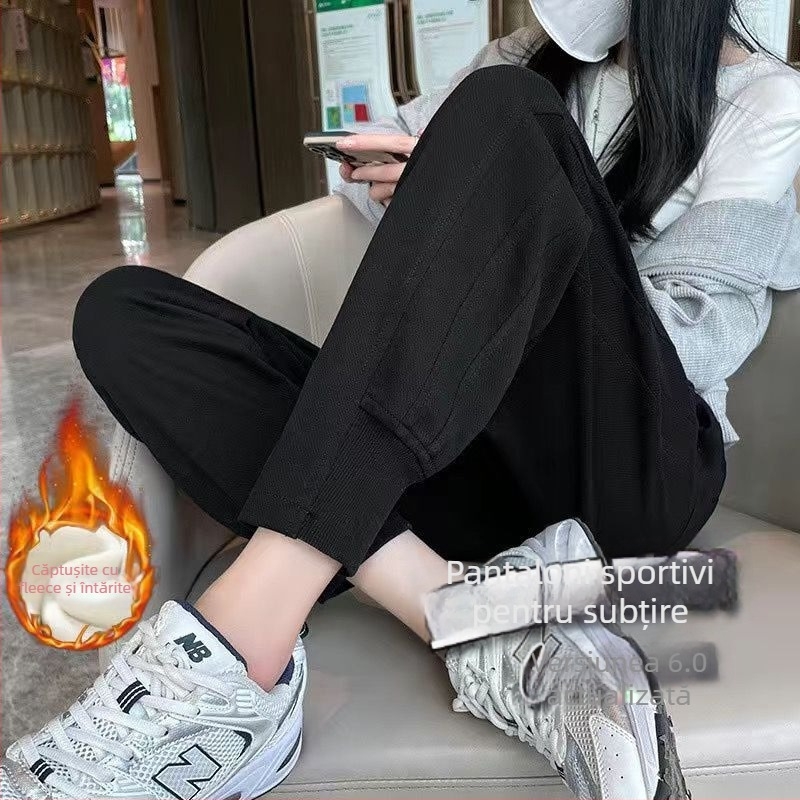 Pantaloni jogger pentru femei, talie înaltă, căptușiți cu polar, țesătură de poliester, croială skinny, pantaloni casual, design inspirat de harém