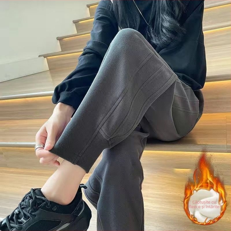 Pantaloni jogger pentru femei, talie înaltă, căptușiți cu polar, țesătură de poliester, croială skinny, pantaloni casual, design inspirat de harém