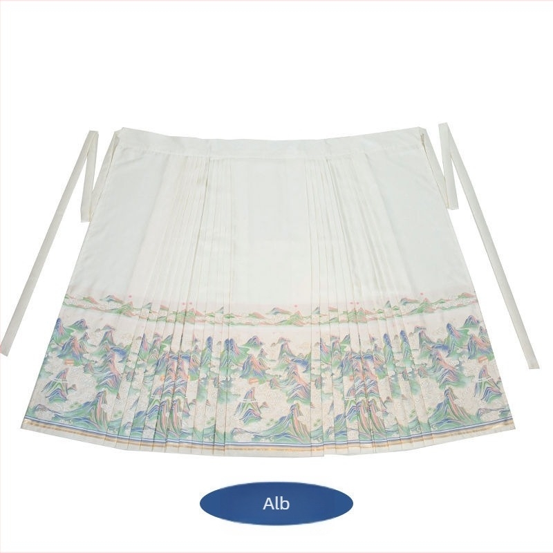 Rochie Hanfu cu motiv peisaj de munți și râuri, broderie aurie, stil vintage, fustă Ma Mian brodată, material poliester 70–80%, vopsire pe fir