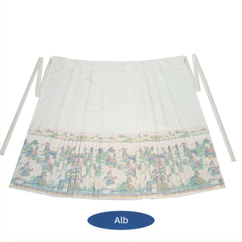 Rochie Hanfu cu motiv peisaj de munți și râuri, broderie aurie, stil vintage, fustă Ma Mian brodată, material poliester 70–80%, vopsire pe fir