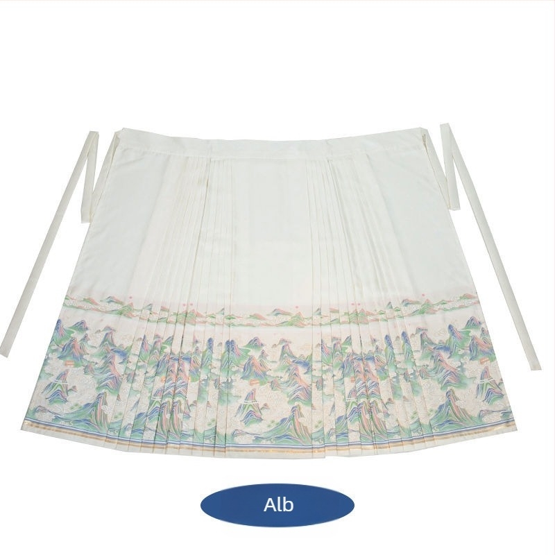 Rochie Hanfu cu motiv peisaj de munți și râuri, broderie aurie, stil vintage, fustă Ma Mian brodată, material poliester 70–80%, vopsire pe fir