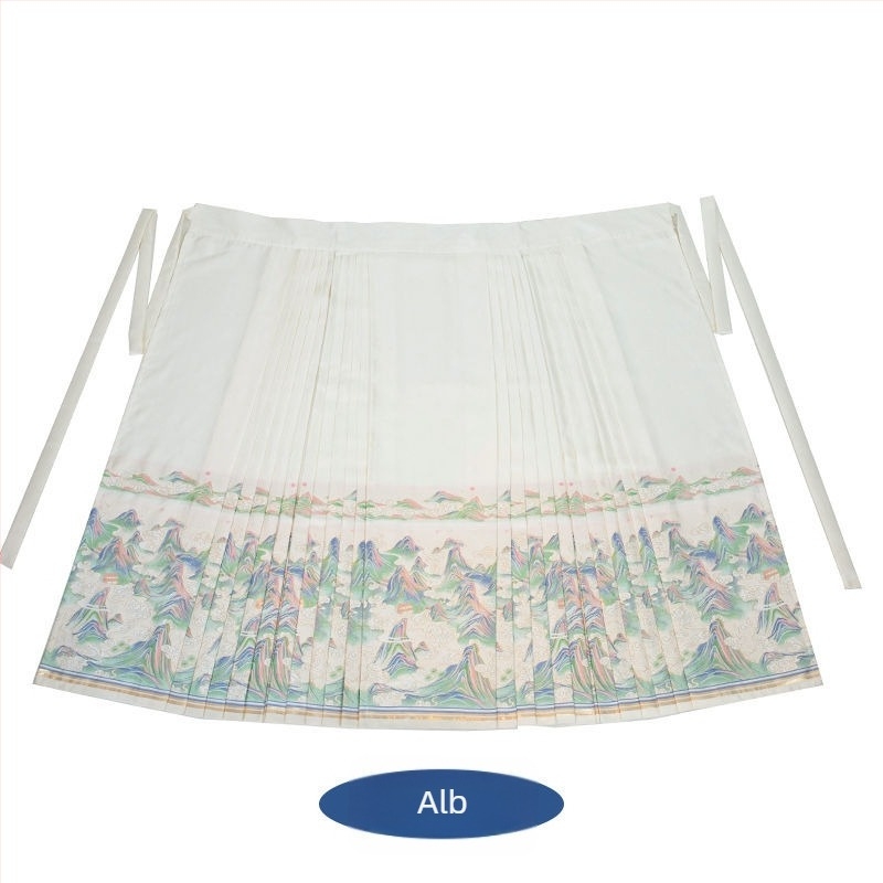 Rochie Hanfu cu motiv peisaj de munți și râuri, broderie aurie, stil vintage, fustă Ma Mian brodată, material poliester 70–80%, vopsire pe fir