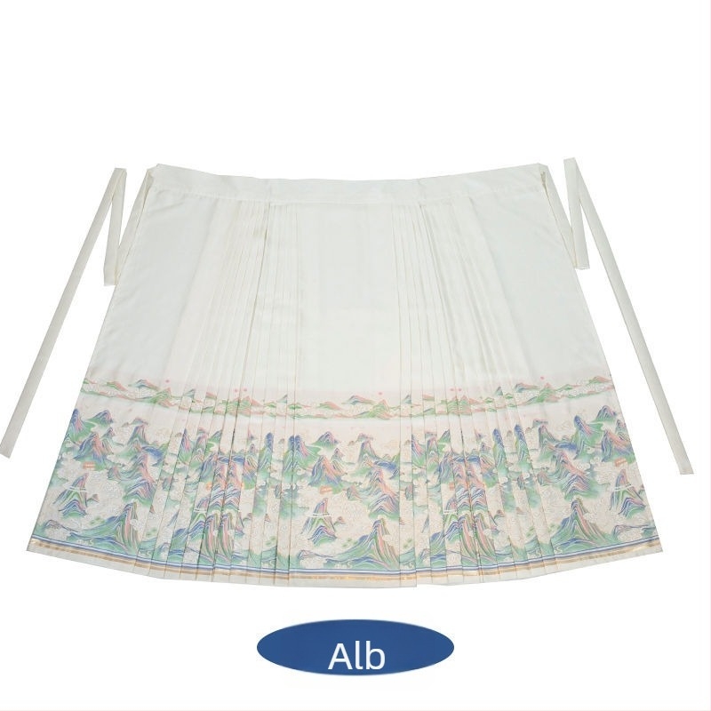 Rochie Hanfu cu motiv peisaj de munți și râuri, broderie aurie, stil vintage, fustă Ma Mian brodată, material poliester 70–80%, vopsire pe fir