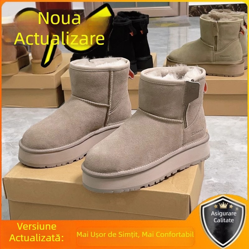Cizme de zăpadă pentru femei -40°C, cu blană integrată la exterior, fermoar lateral, înălțime joasă, căptușite cu pluș artificial