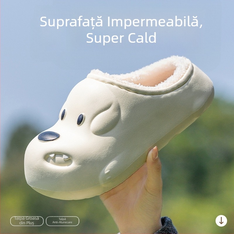 Papuci de iarnă pentru femei, cu căptușeală din pluș și EVA la partea superioară, talpă groasă antiderapantă – papuci de casă din bumbac