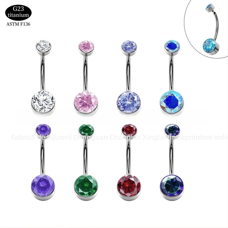 Știft de piercing ombilic cu bezel cilindric și zirconiu, filet intern, aliaj de titan G23 (ASTM F136), finisaj lucios