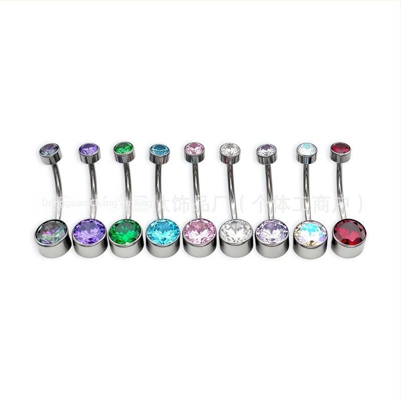 Știft de piercing ombilic cu bezel cilindric și zirconiu, filet intern, aliaj de titan G23 (ASTM F136), finisaj lucios