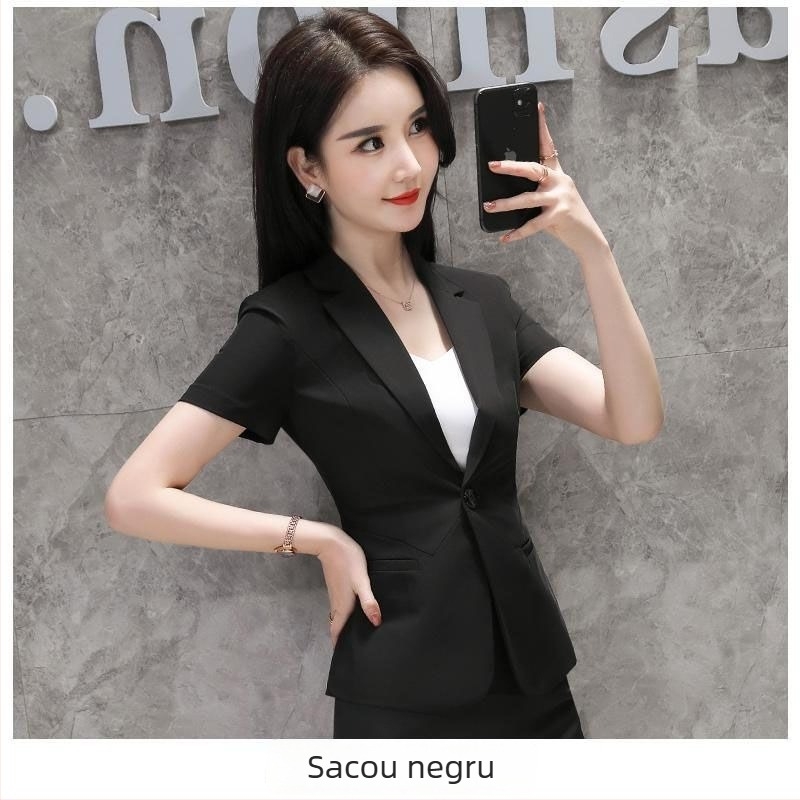 Costum de vară pentru femei cu sacou și fustă – mâneci scurte, stil birou, material rayon, primăvară 2025