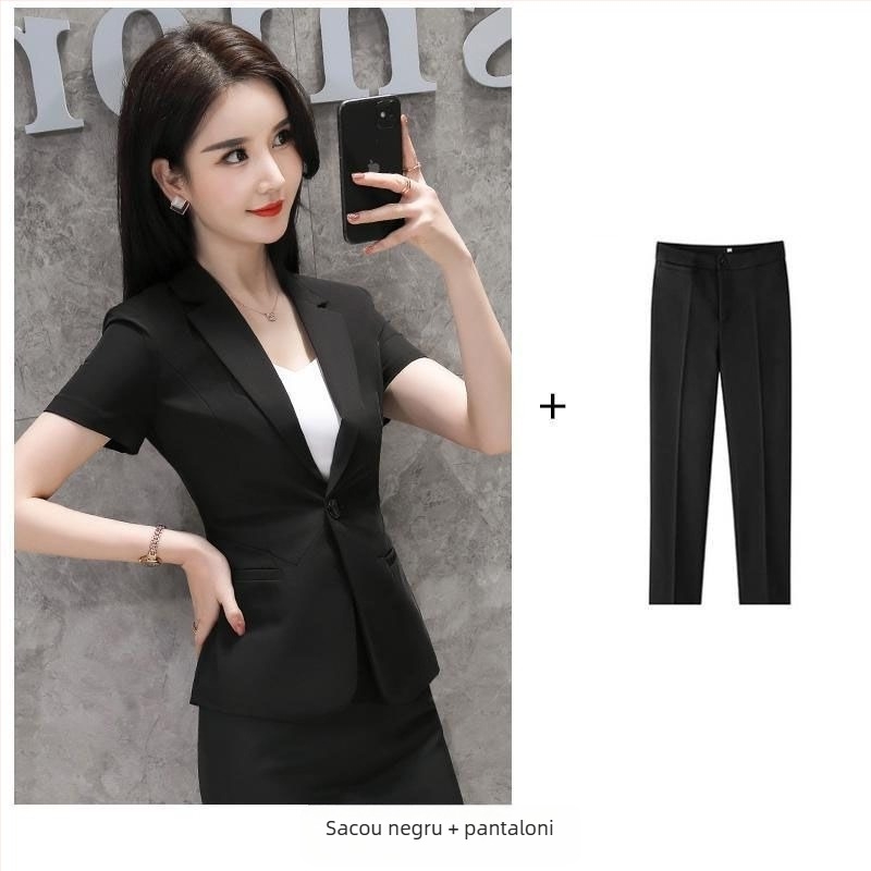 Costum de vară pentru femei cu sacou și fustă – mâneci scurte, stil birou, material rayon, primăvară 2025