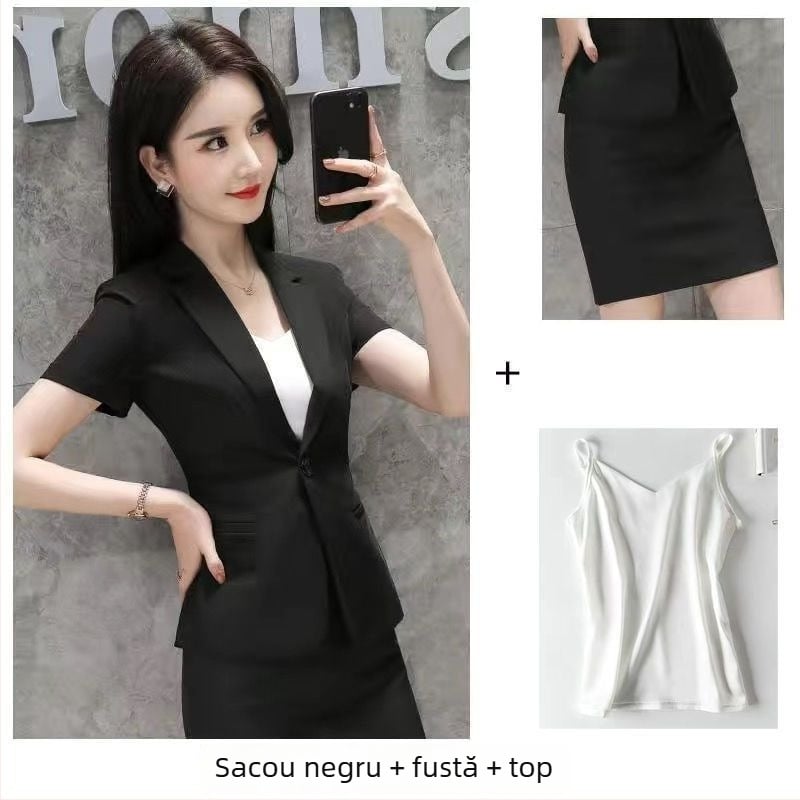 Costum de vară pentru femei cu sacou și fustă – mâneci scurte, stil birou, material rayon, primăvară 2025