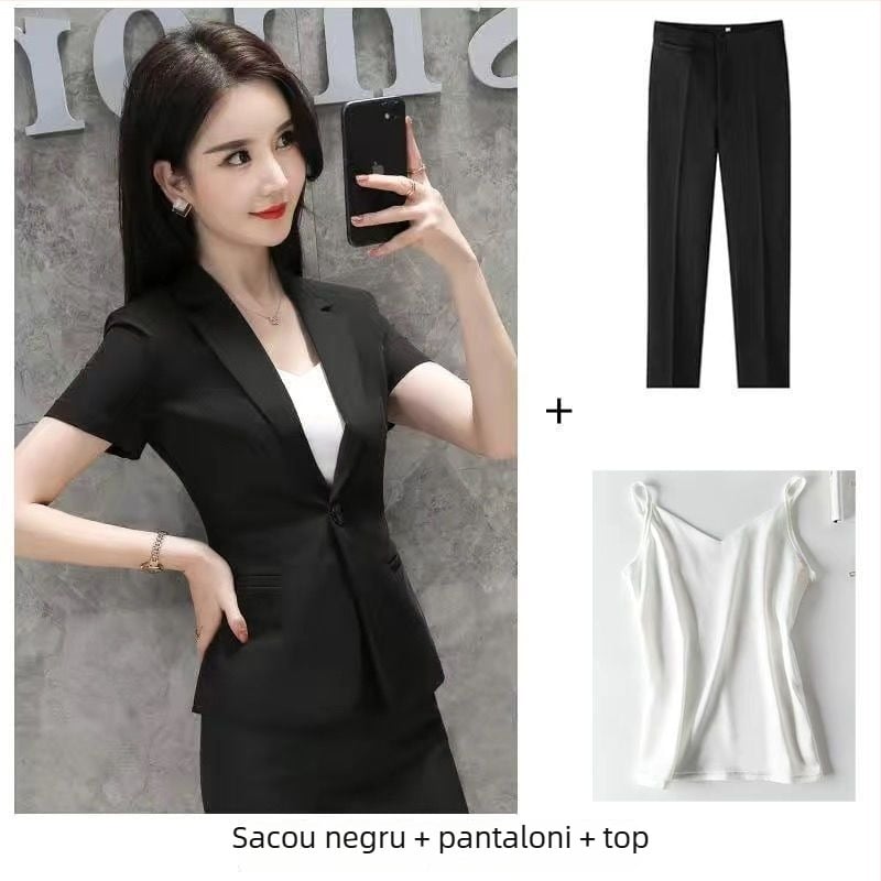 Costum de vară pentru femei cu sacou și fustă – mâneci scurte, stil birou, material rayon, primăvară 2025