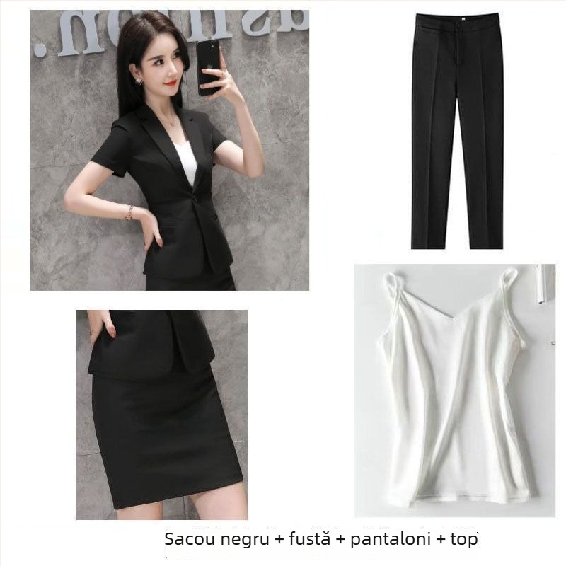 Costum de vară pentru femei cu sacou și fustă – mâneci scurte, stil birou, material rayon, primăvară 2025