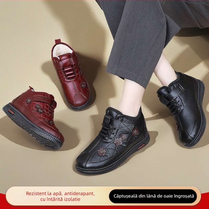 Ghete de iarnă pentru femei, căptușite cu fleece pentru căldură, impermeabile, talpă antiderapantă, închidere Velcro.