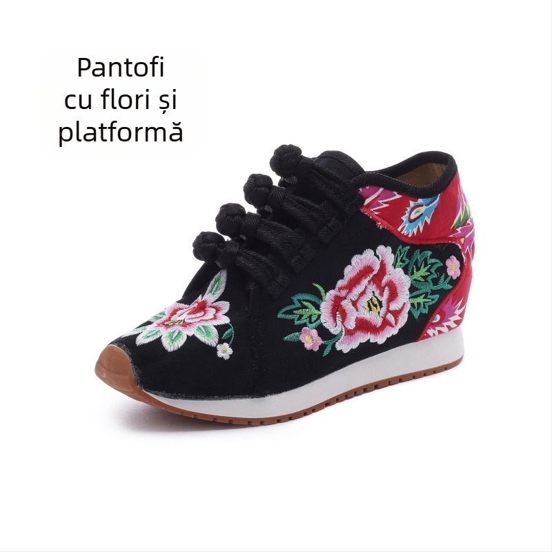 Pantofi din pânză pentru femei, cu broderie florală, căptuți cu fleece, înălțime medie a marginii superioare, talpă compozită