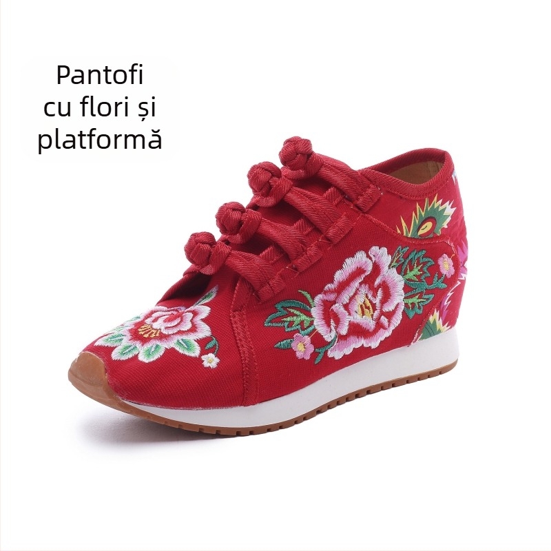 Pantofi din pânză pentru femei, cu broderie florală, căptuți cu fleece, înălțime medie a marginii superioare, talpă compozită
