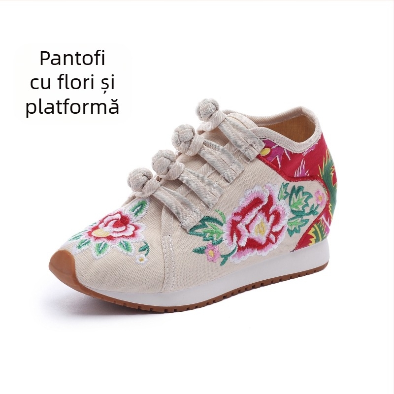 Pantofi din pânză pentru femei, cu broderie florală, căptuți cu fleece, înălțime medie a marginii superioare, talpă compozită