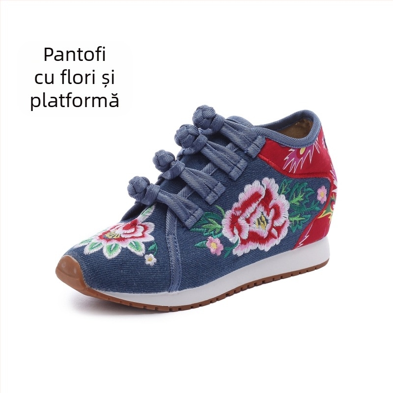 Pantofi din pânză pentru femei, cu broderie florală, căptuți cu fleece, înălțime medie a marginii superioare, talpă compozită