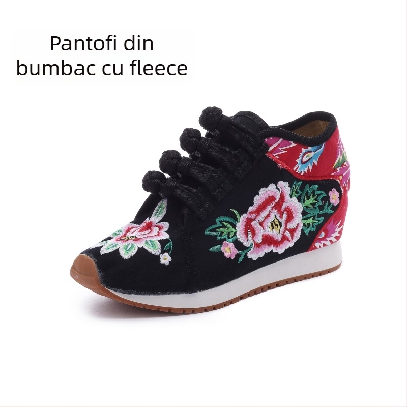 Pantofi din pânză pentru femei, cu broderie florală, căptuți cu fleece, înălțime medie a marginii superioare, talpă compozită