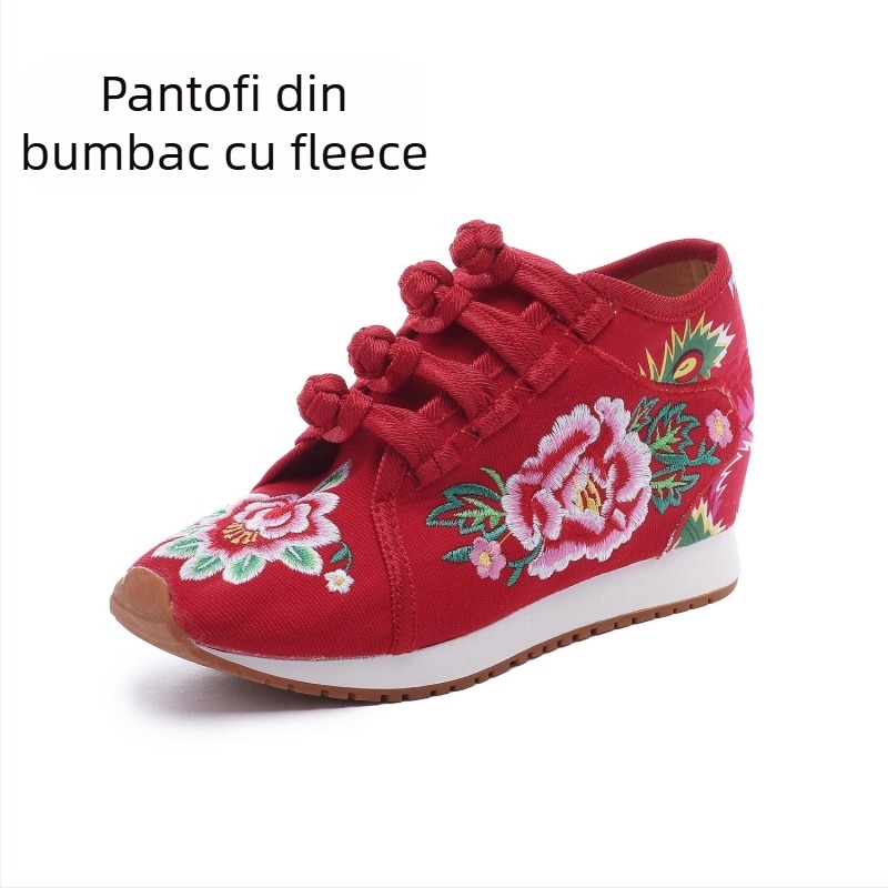 Pantofi din pânză pentru femei, cu broderie florală, căptuți cu fleece, înălțime medie a marginii superioare, talpă compozită