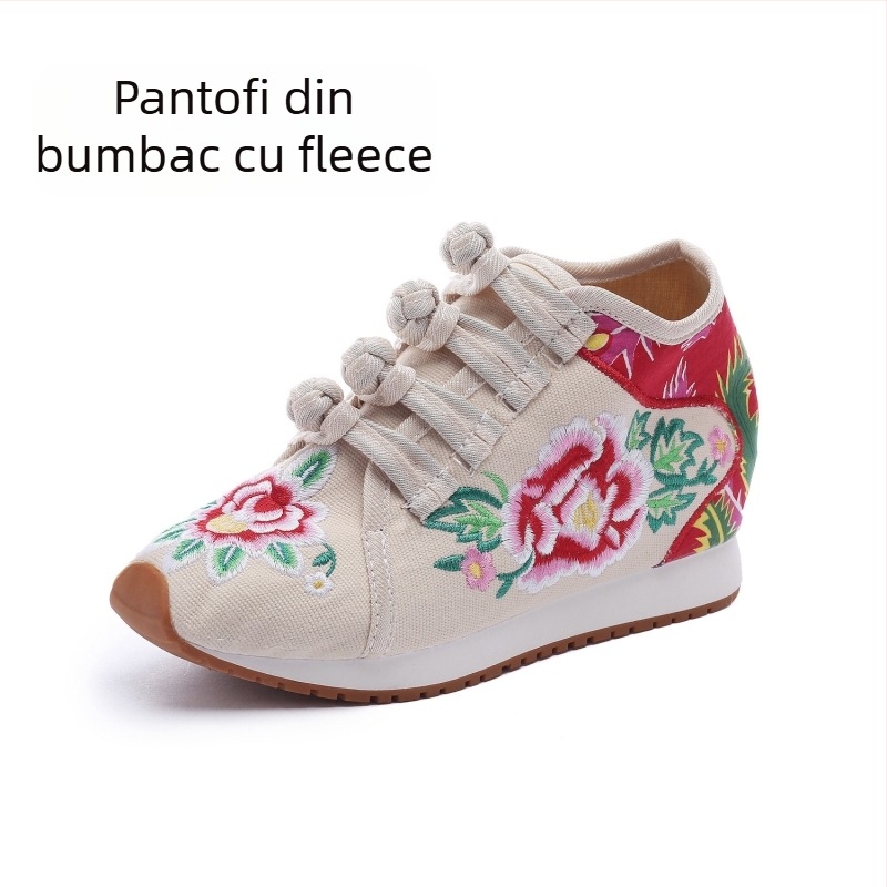 Pantofi din pânză pentru femei, cu broderie florală, căptuți cu fleece, înălțime medie a marginii superioare, talpă compozită