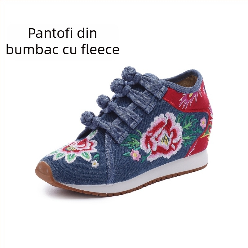 Pantofi din pânză pentru femei, cu broderie florală, căptuți cu fleece, înălțime medie a marginii superioare, talpă compozită