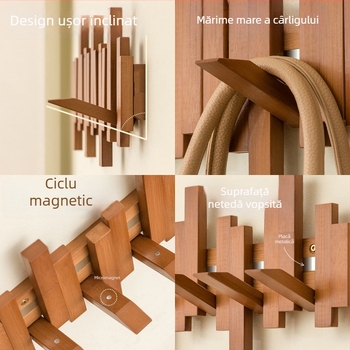 Cuier magnetic cu design de clape de pian pentru holul de intrare, hol și dormitor, montaj pe perete, lemn/bambus, stil modern minimalist, 3+ rânduri de cârlige, capacitate 10–15 kg