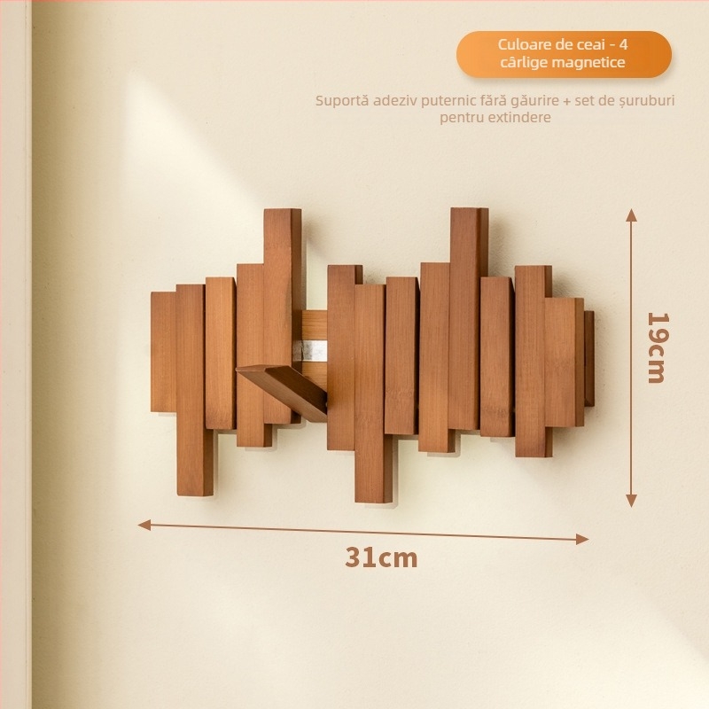 Cuier magnetic cu design de clape de pian pentru holul de intrare, hol și dormitor, montaj pe perete, lemn/bambus, stil modern minimalist, 3+ rânduri de cârlige, capacitate 10–15 kg
