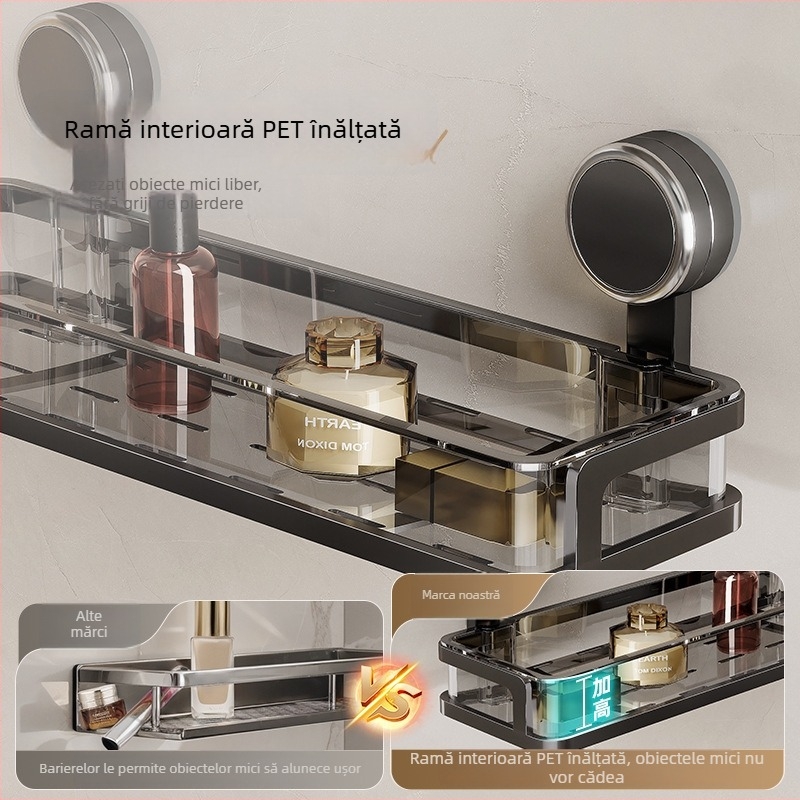 Raft de depozitare pentru baie montat pe perete, fără găuri, cu ventuză, un singur nivel, încărcare 1–5 kg, finisaj plastic