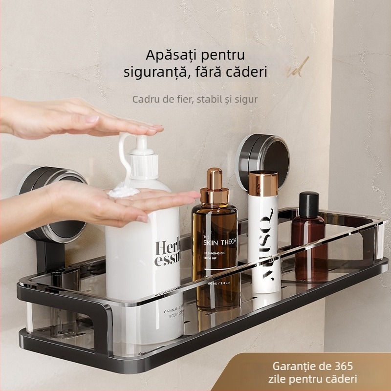 Raft de depozitare pentru baie montat pe perete, fără găuri, cu ventuză, un singur nivel, încărcare 1–5 kg, finisaj plastic