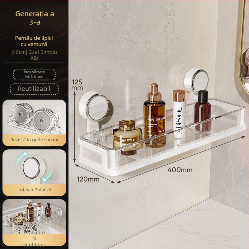 Raft de depozitare pentru baie montat pe perete, fără găuri, cu ventuză, un singur nivel, încărcare 1–5 kg, finisaj plastic