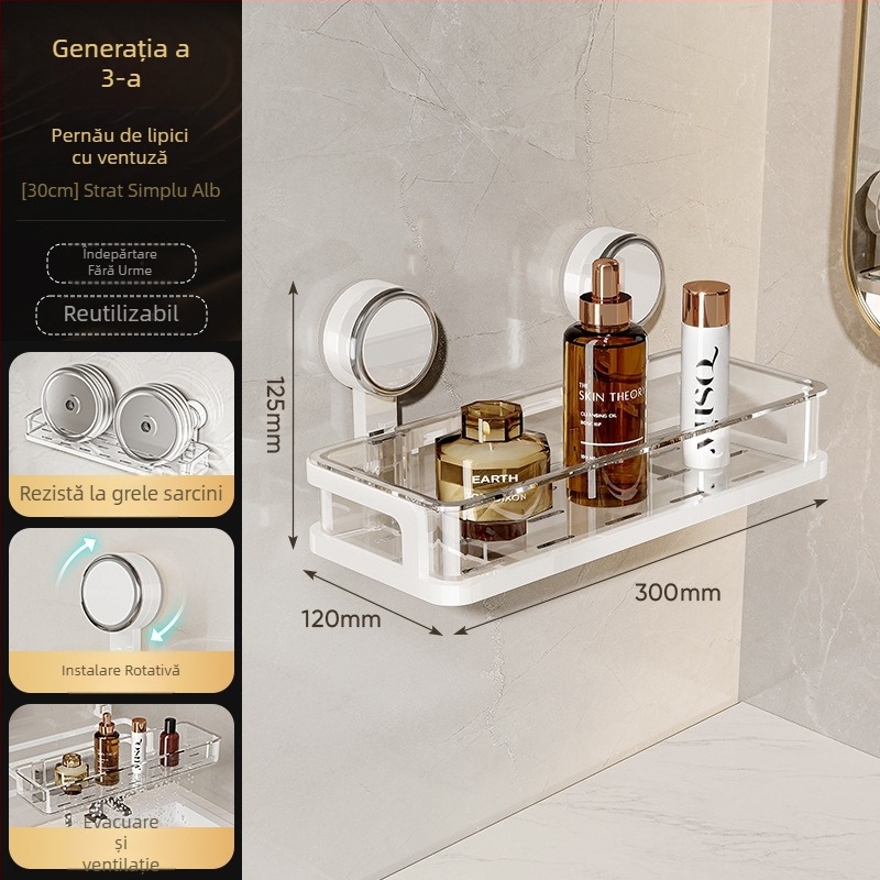 Raft de depozitare pentru baie montat pe perete, fără găuri, cu ventuză, un singur nivel, încărcare 1–5 kg, finisaj plastic